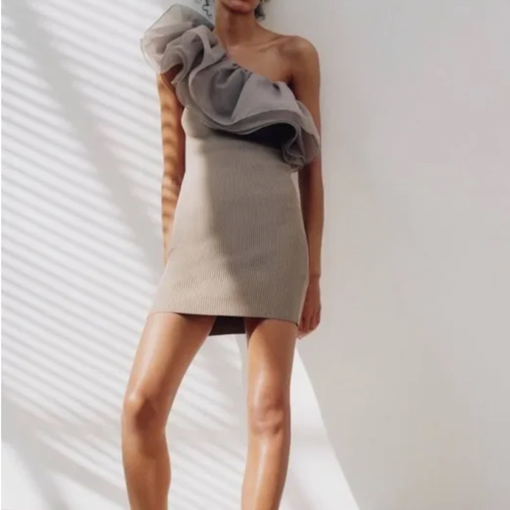 (BNWT) Zara Gray Flouncy One Shoulder Ribbed Dress